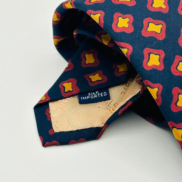 Vintage 90s Paul Stuart Navy Coral Yellow Geometric Silk Necktie - Picture 5 of 7